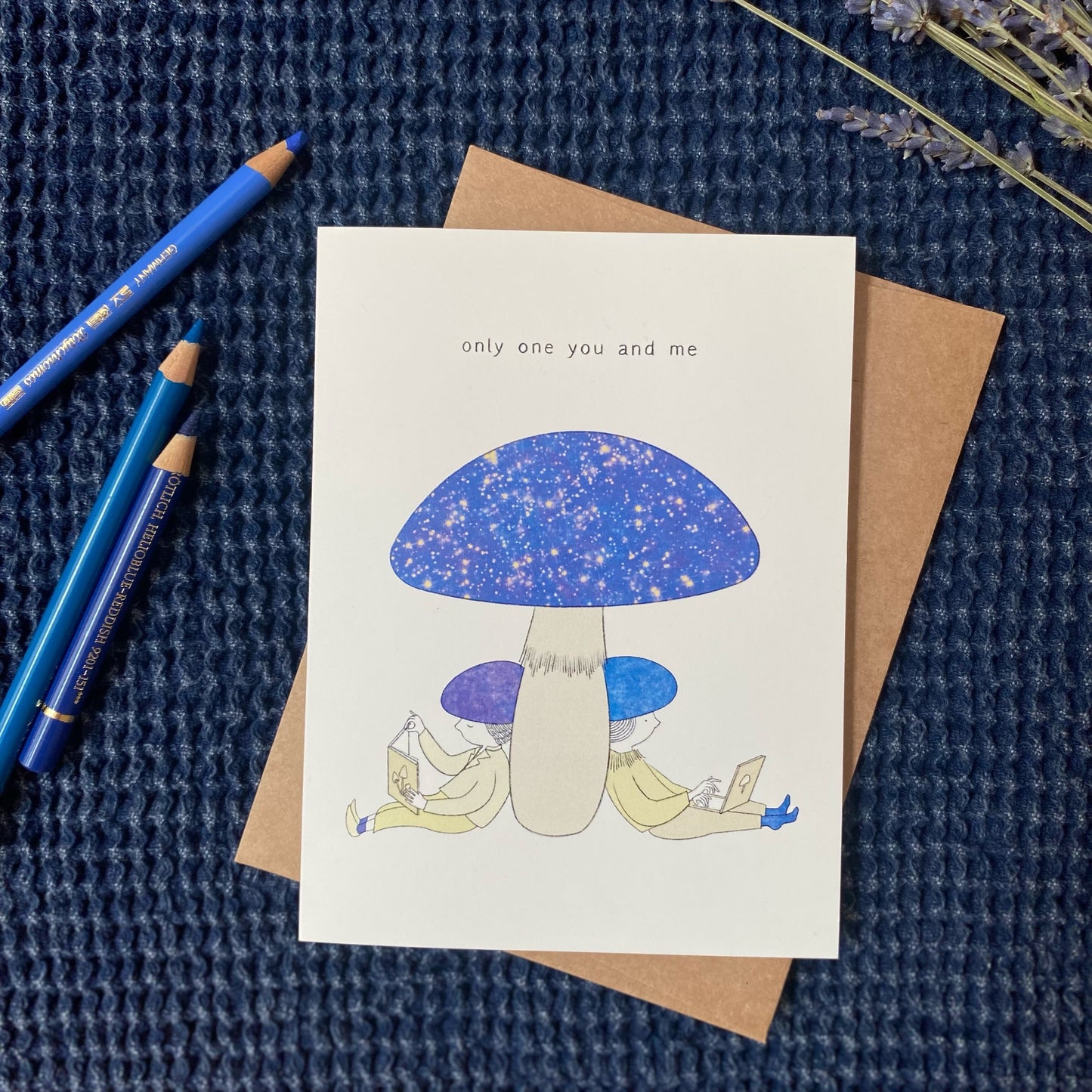 unique love and friendship card that says ”only one you and me” with the illustration of two mushroom people under a big mushroom with the universe on it
