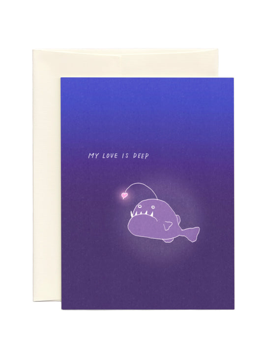 Adorable love you card with the illustration of  ugly cute anglerfish with a heart shaped pink light on its head