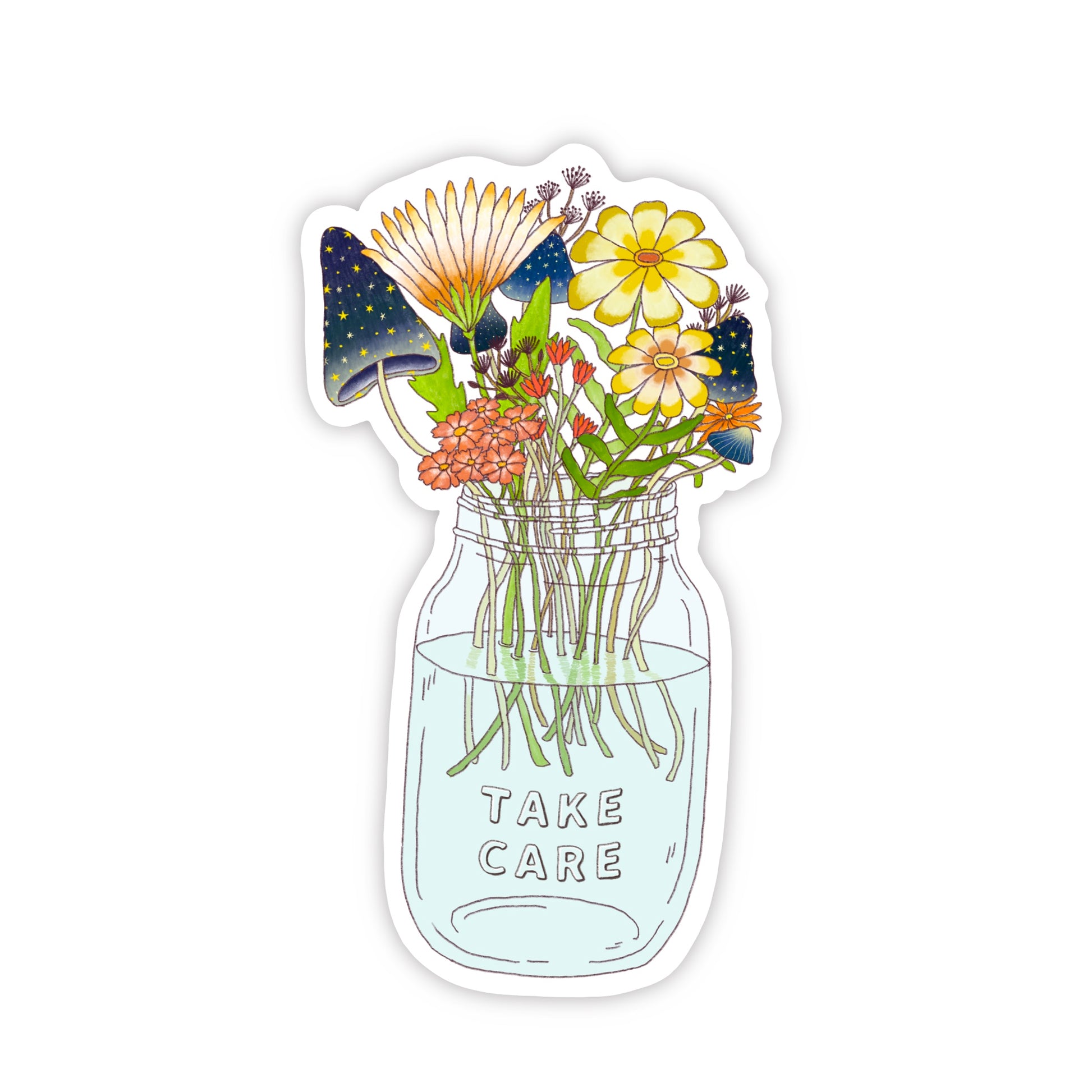 Inspiring weatherproof sticker with flowers and starry mushrooms a mason jar that says “Take Care” 