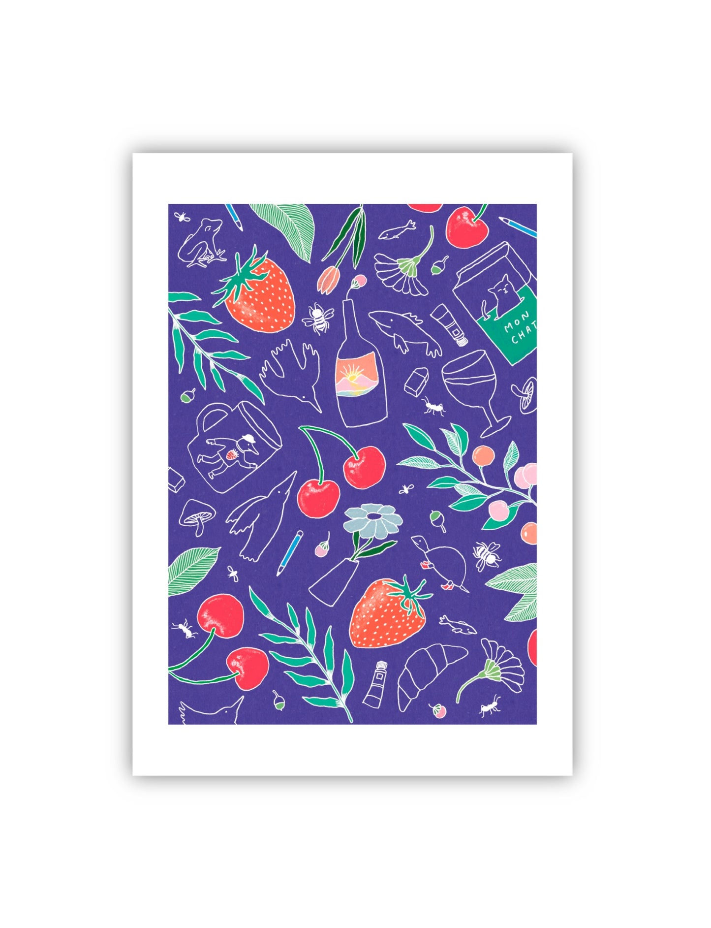 unique A4 size blue textile art print with fruits, birds, flowers and summery plants