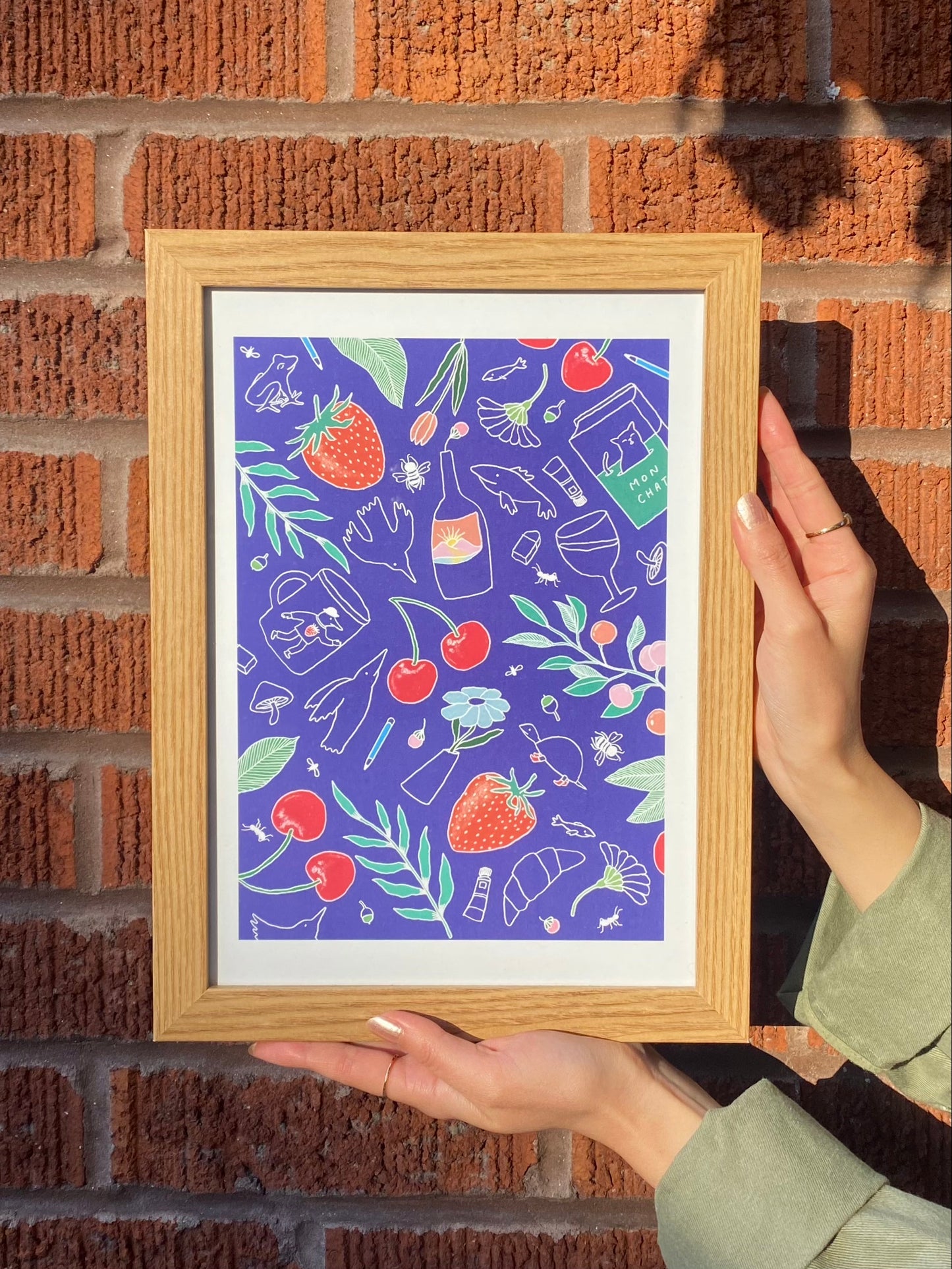 A4 size art print with plants, cherries, strawberries, mugs, stationeries, and variety of everyday goods. 