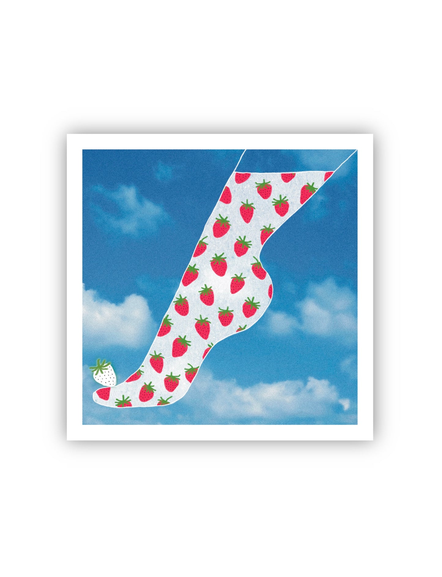 Dreamy 8x8 square art print of an illustration of a feet with white socks full of strawberries on a blue sky