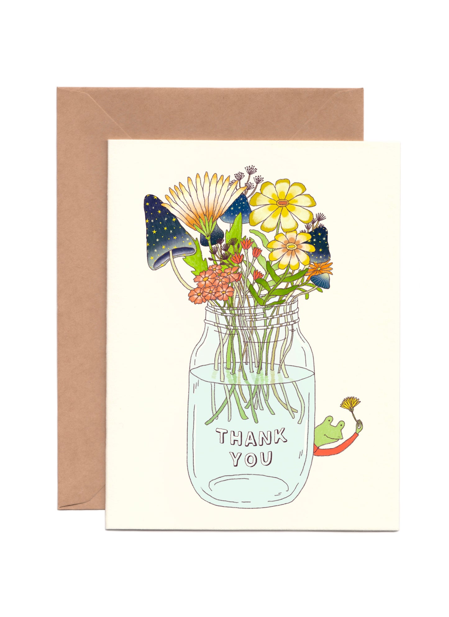 Thank you Card with illustration of flowers and starry mushrooms in a mason jar that says “Thank You” 