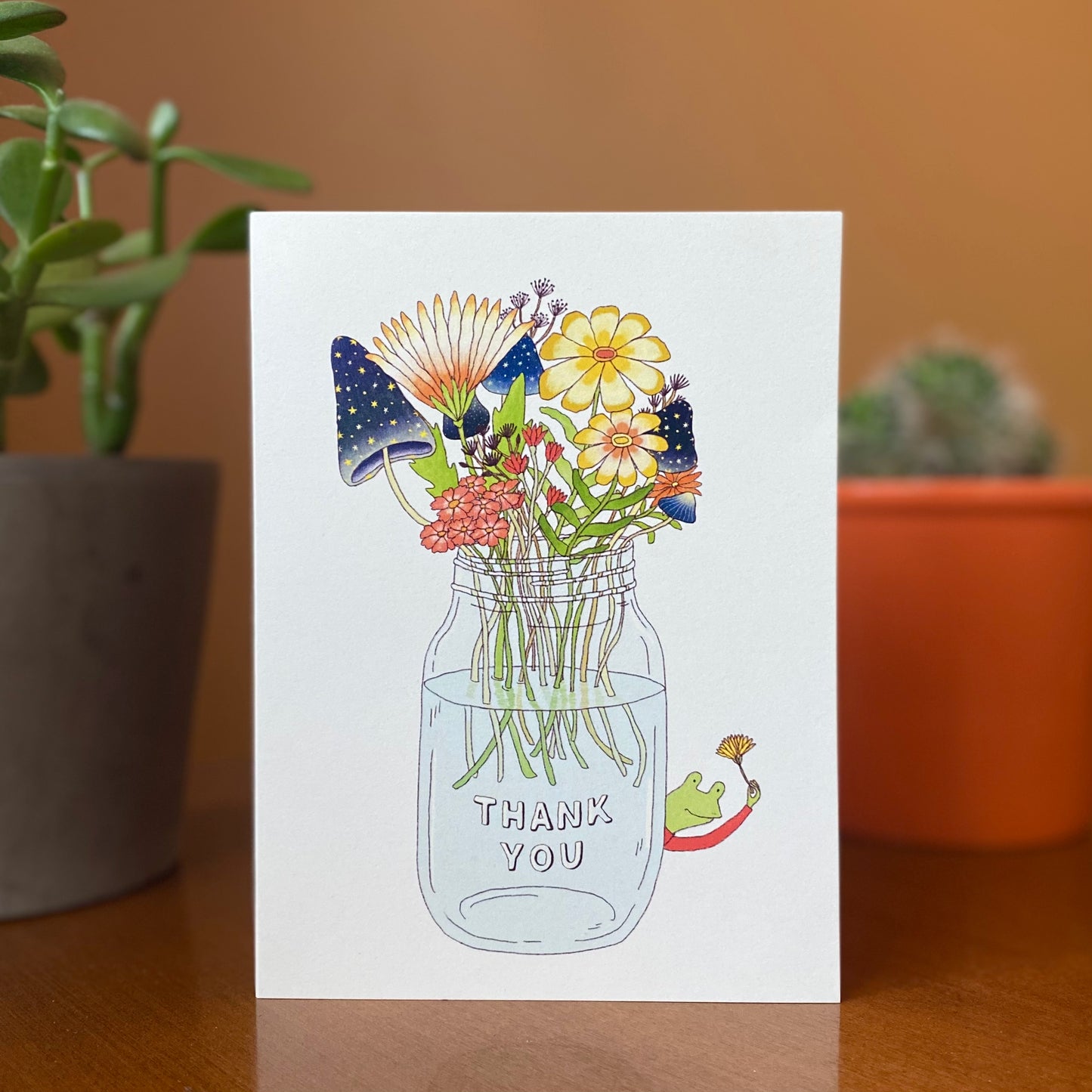 Thank you Card set with a cute frog and a mason jar full of plants and mushrooms