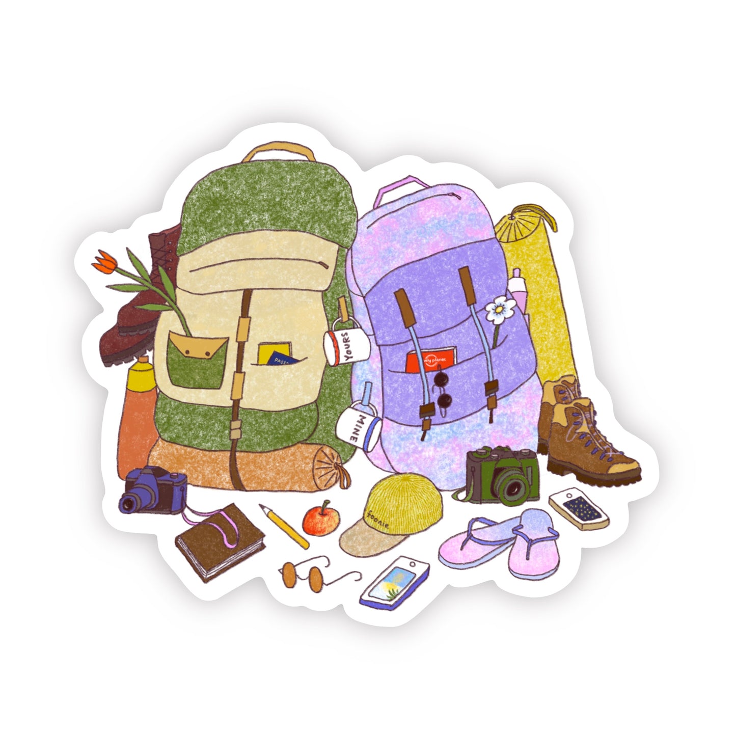 Outdoorsy waterproof die cut sticker with two backpacks and travel gears