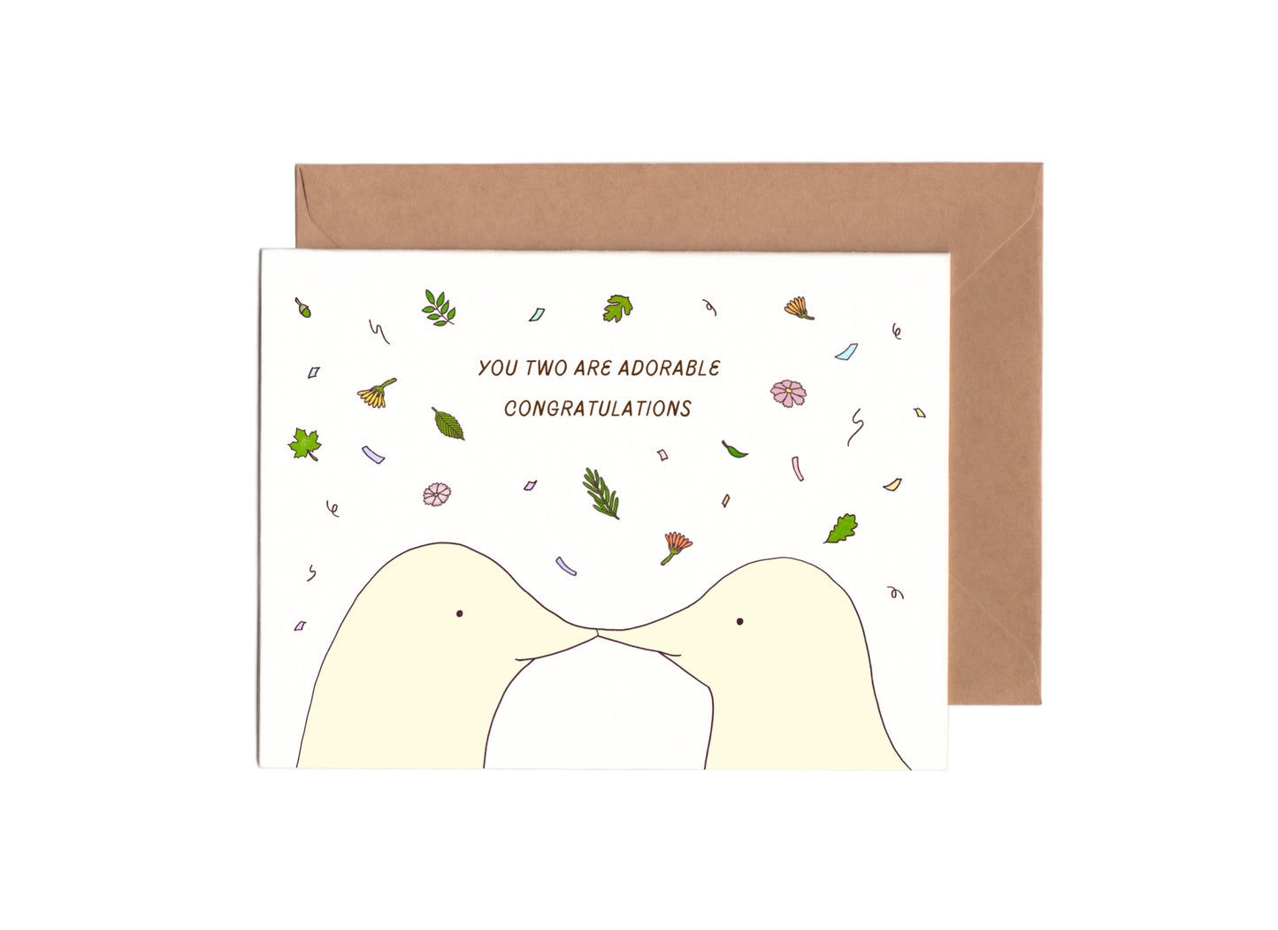adorable gender neutral wedding card with two moles kissing surrounded by leaves  and flowers